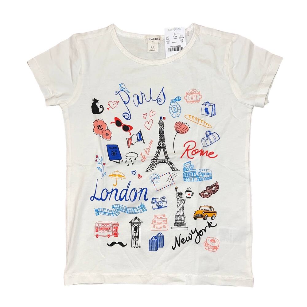 NWT J. Crew Girls' Ivory W/London, Paris, Rome "Jetsetter" Graphic Tee